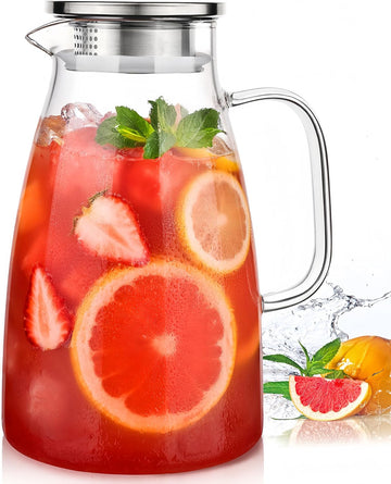 Glass Pitcher with Lid, 2 Liter 68oz Water Pitcher with Handle and Spout for Fridge, Borosilicate Glass for Iced Tea
