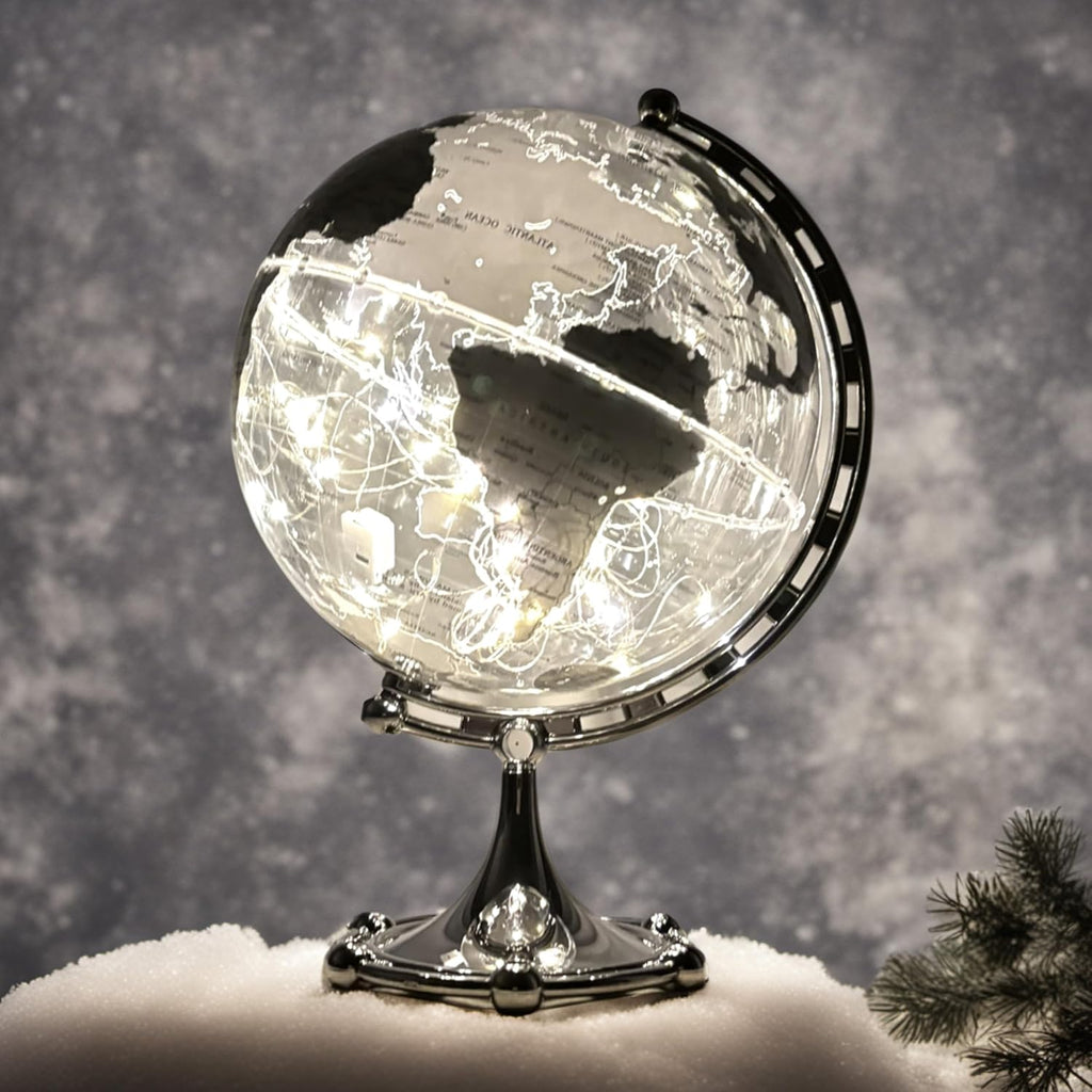 Silver Earth Globe, Diam. 20 cm/7.9 inches, World Map, 3 meter String Lights, Warm White Light