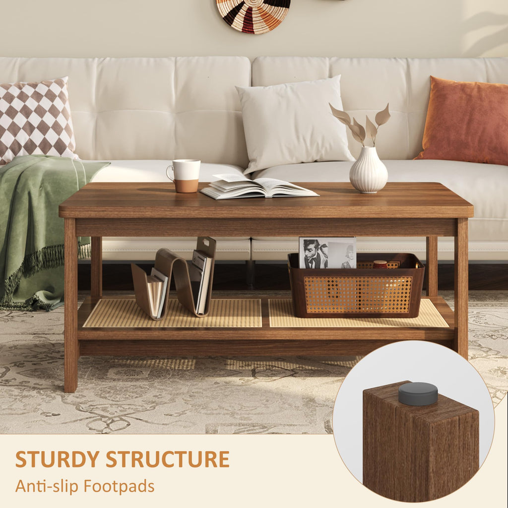 2-Tier Coffee Table with Rattan Storage Shelf, Walnut Brown