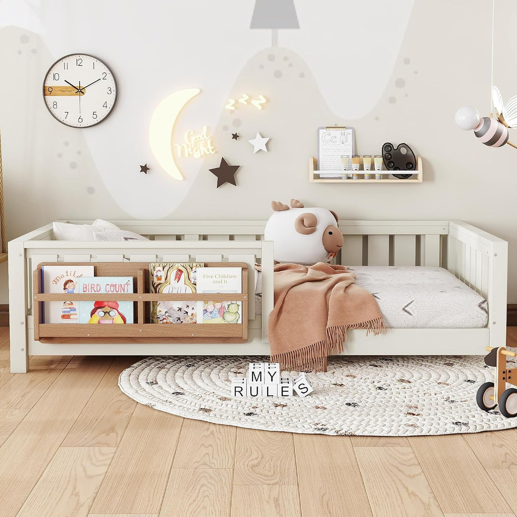 Kids Montessori Floor Bed Frame with Bookshelf and Guardrail, Solid Wood Floor Bed Frame with Slats for