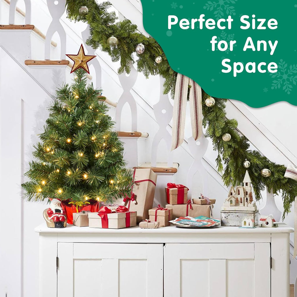 Pre-lit 2ft Small Christmas Tree, Artificial mini Christmas Tree with 50 LED Lights, Battery Operated Tabletop Xmas