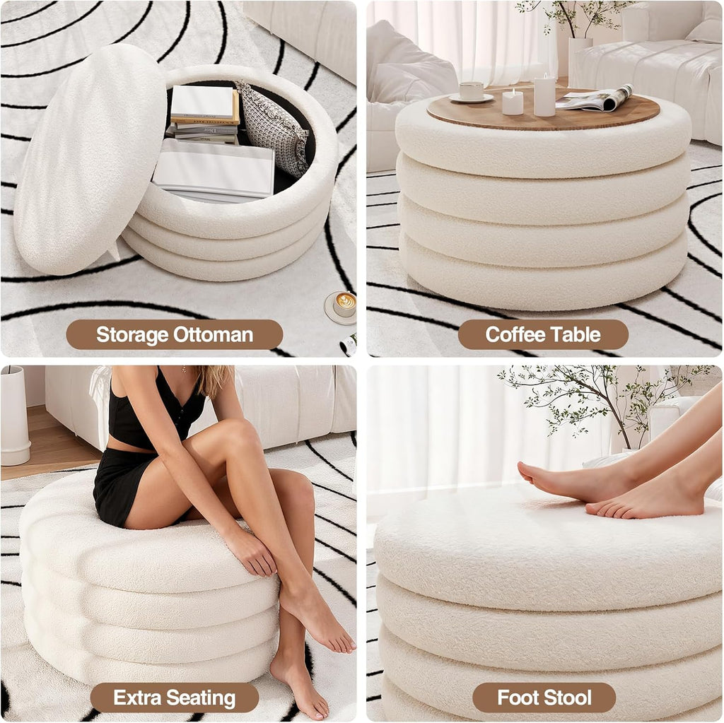 30 Inch Round Ottoman with Storage,Large Sherpa Coffee Table | Modern Ottomans with Removable Lid