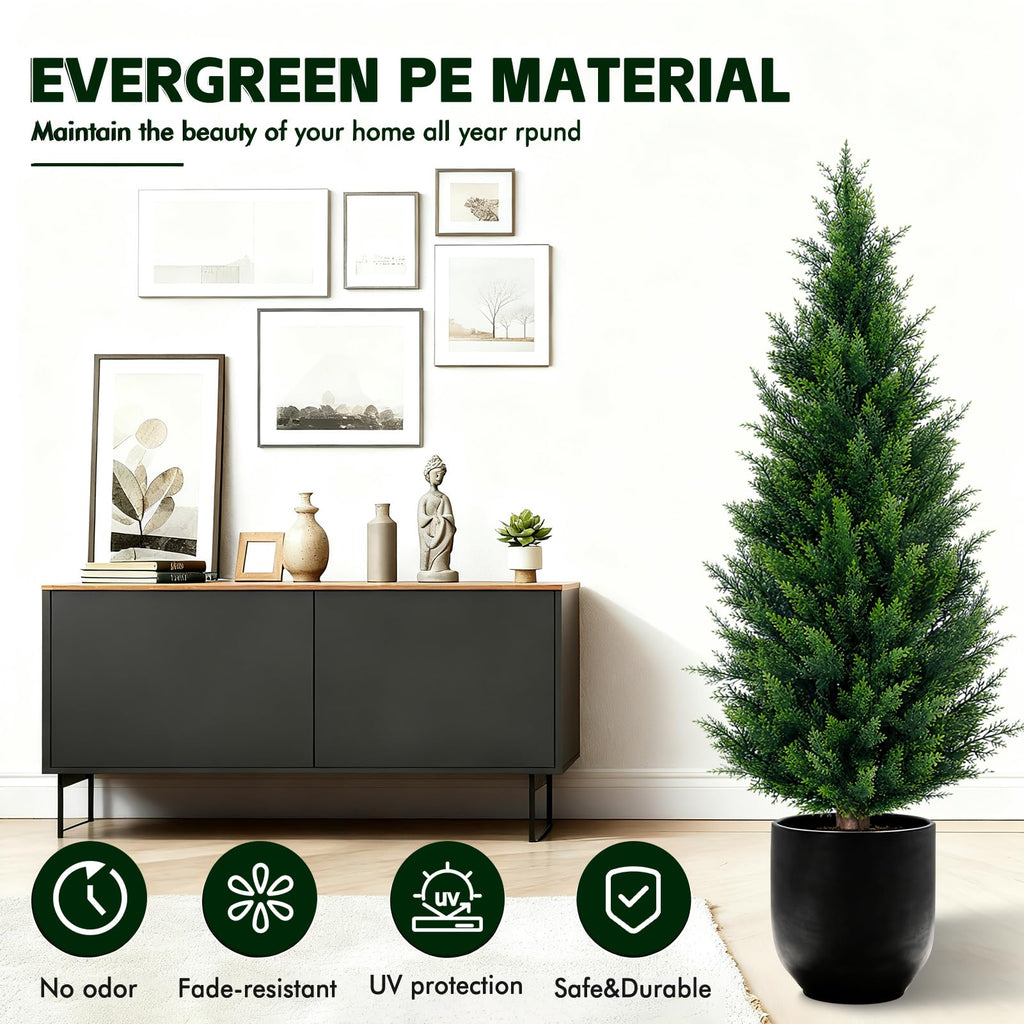4Ft Artificial Cedar Topiary Trees (2-Pack) - UV Resistant Fake Shrubs with Ground Spike for Outdoor & Indoor Use