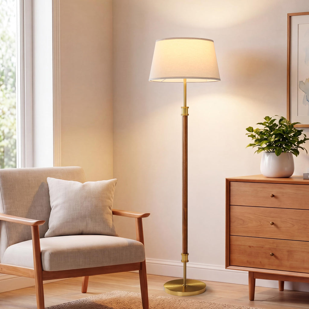 Mid Century Floor Lamp, Dark Walnut Wood Pole Standing Lamp with 18" Linen Shade, Brushed Gold Aluminum Accents, 11"