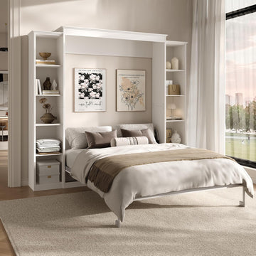 Queen Murphy Bed Cabinet with 5-Tier Adjustable Storage Shelves, Wood Queen Wall Bed Cabinet Bed, Space Saving Beds