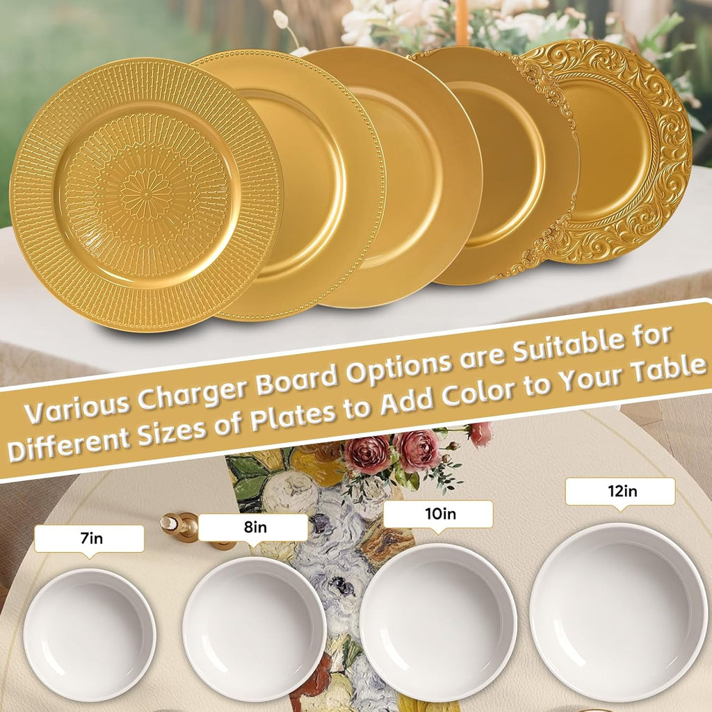 Gold Charger Plates Bulk, 13 Inch Beaded Gold Chargers for Dinner Plates Plastic Reusable Round Charger - Set of 50