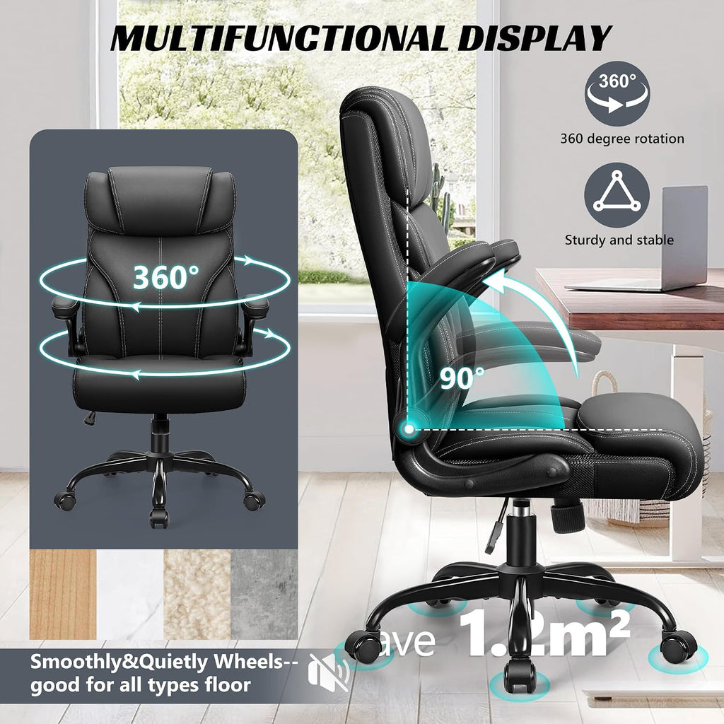 Ergonomic Big and Tall Computer Desk Chairs, Executive Breathable Leather Chair with Adjustable Flip-up Armrests