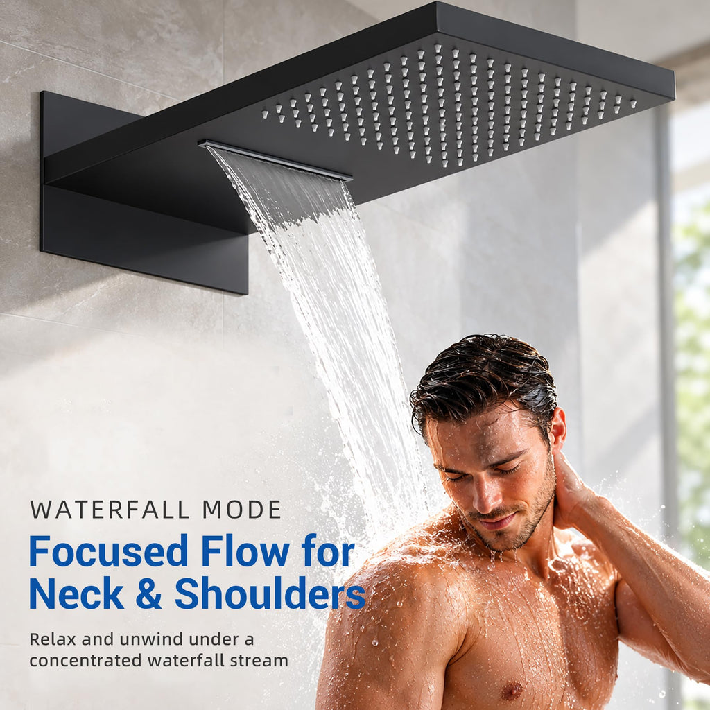 Thermostatic Shower System, Waterfall Shower Head(Matte Black)