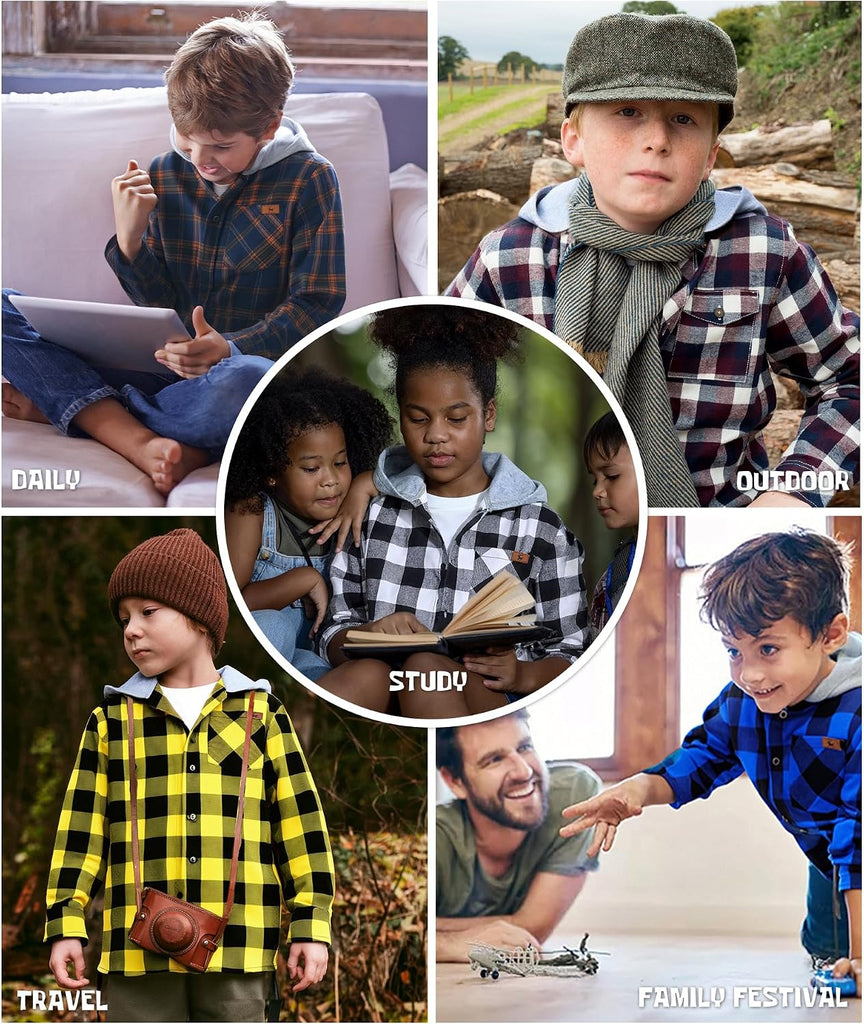 Boys Plaid Flannel Shirts Unisex Kids Long Sleeve Casual Button Down Shirt with Hood