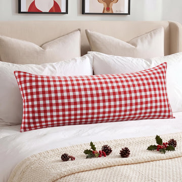 Red Gingham Plaid Christmas Decorative Long Lumbar Pillow Cover 14x36
