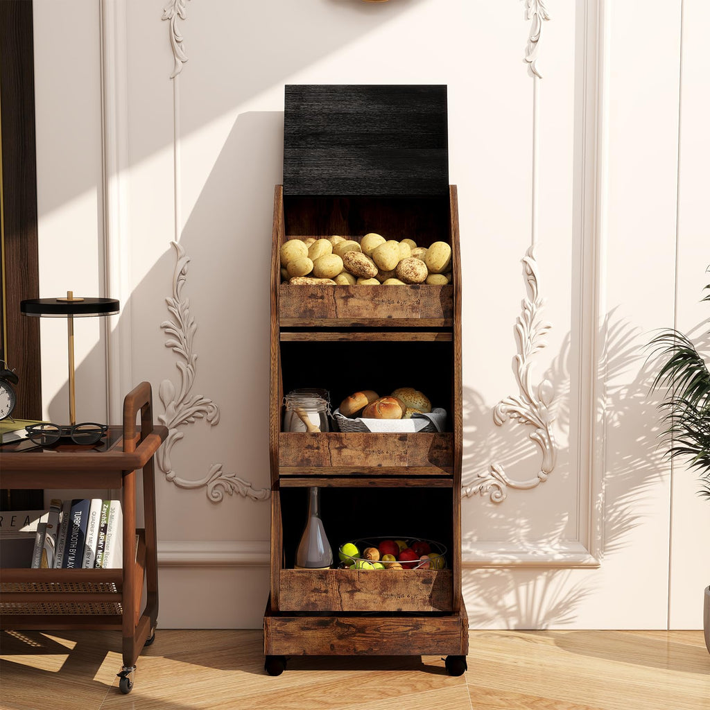 Potato and Onion Storage Bin Rustic Movable Bread Box with Wheels