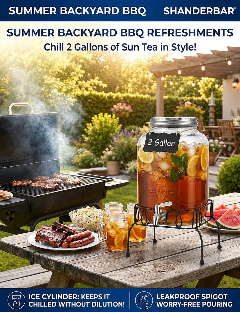 2 Gallon Glass Drink Dispenser with Stand and Lid, Stainless Steel Spigot