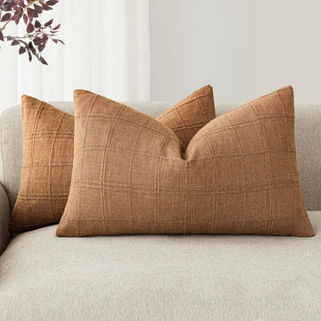 Textured Linen Check Lumbar Throw Pillow Covers 12×24 Inch, Brick