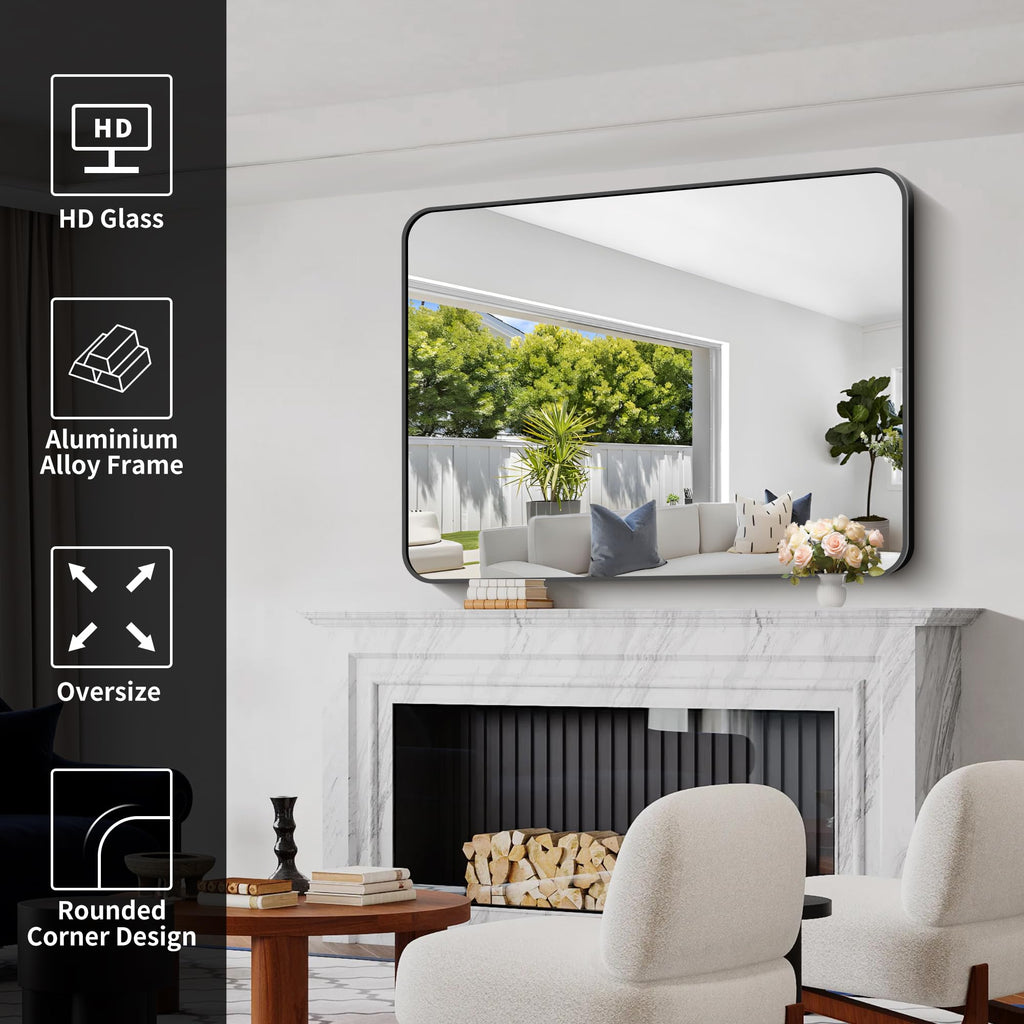 Bathroom Mirror, 48x36 inch Black Rectangle Wall Mirror, Metal Frame Rounded Corner Vanity Mirror, Large Wall Mounted