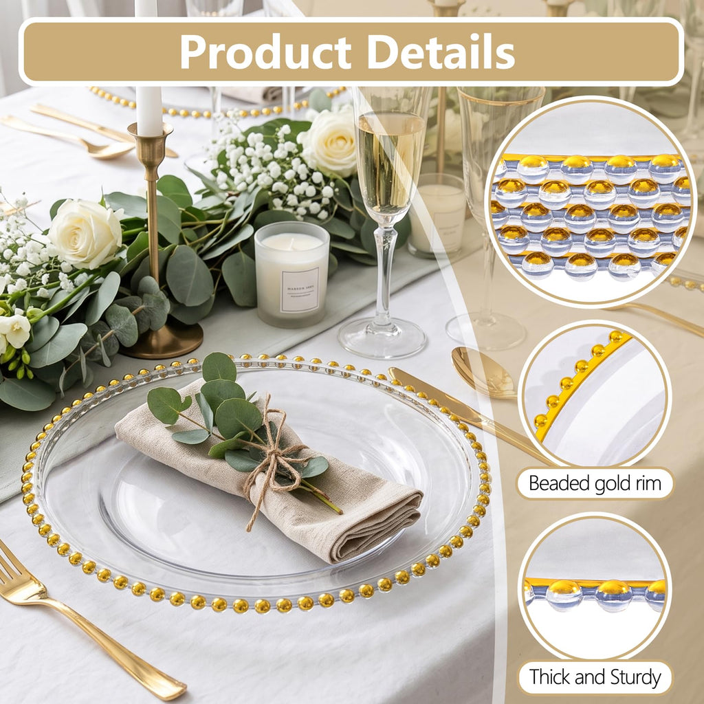 12Pcs 13" Clear Gold Beaded Rim Plastic Chargers for Dinner Plates