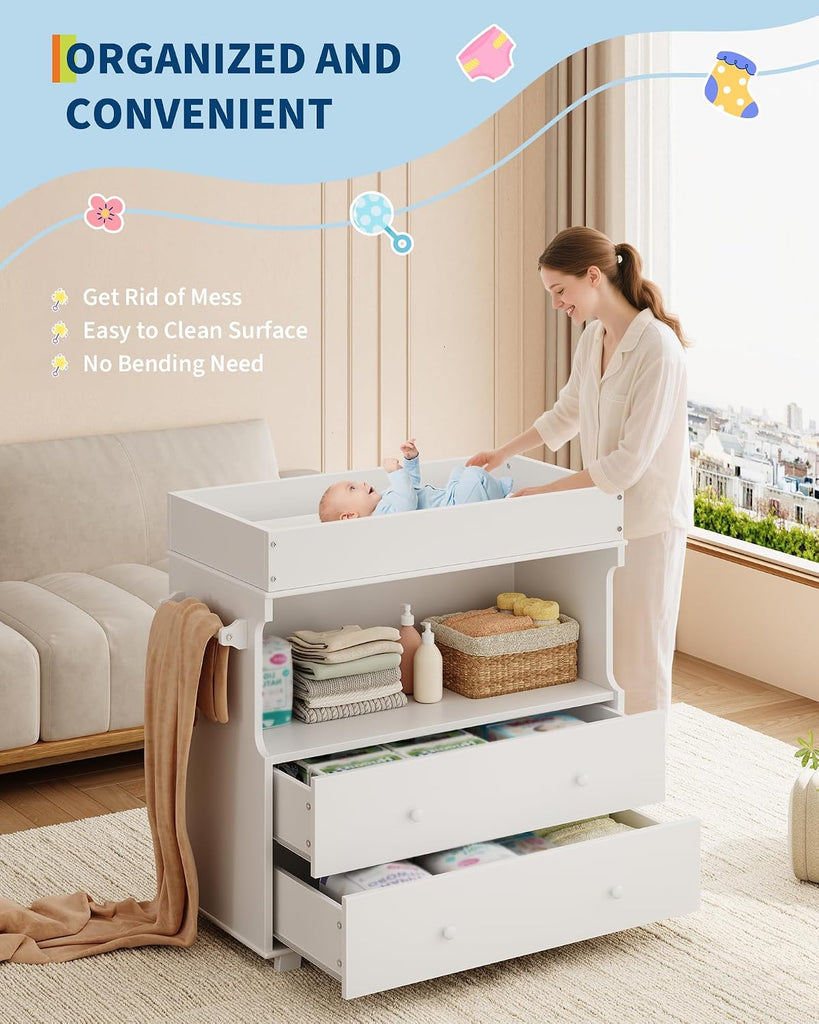 Baby Changing Table with Drawer and Storage Shelves | Heavy Duty Diaper Station , White Wooden Changing Table with
