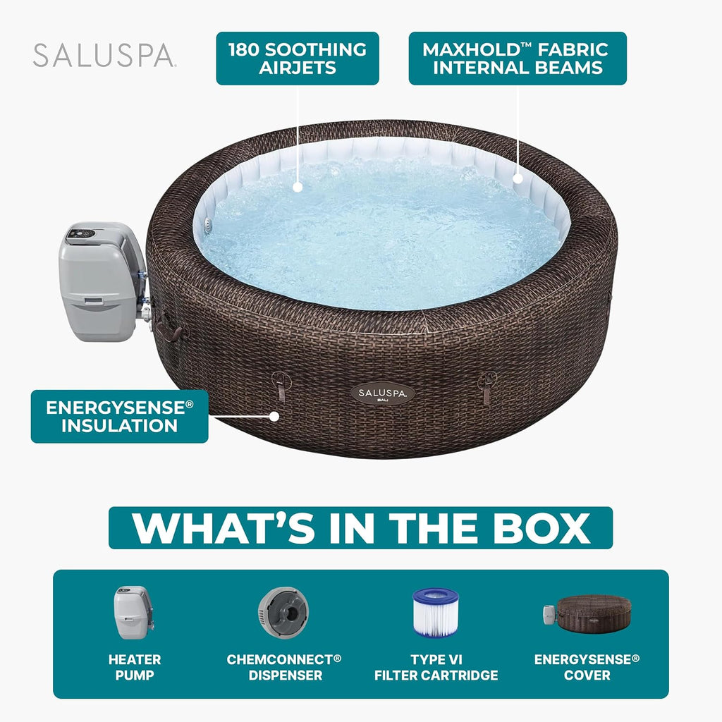 SaluSpa Bali 5 to 7 Person Inflatable Hot Tub, Round Energy-Efficient Portable Outdoor Spa with 180 AirJets, 85" x 28"