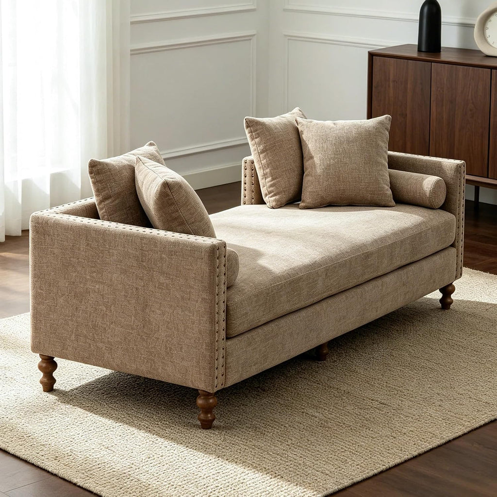 75'' Taupe End of Bed Bench with Nailhead Trim,Upholstered Chenille Chaise Lounge with 4 Throw Pillows&2