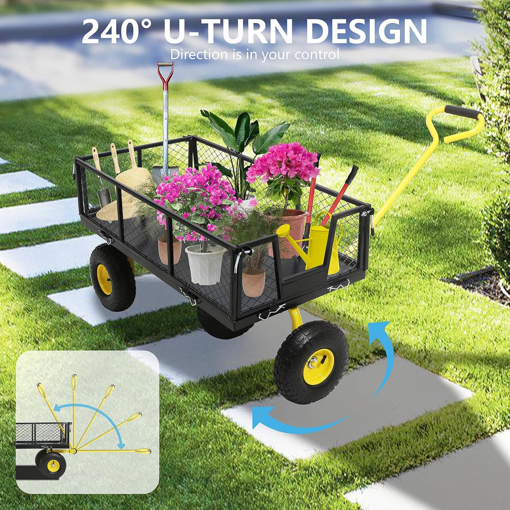 Steel Garden Cart, 2-in-1 Heavy Duty Utility Wagon 900 LBS Capacity Carts with Removable Mesh Sides to Convert into