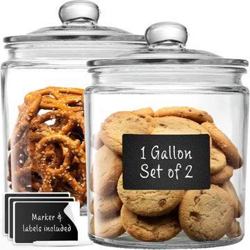 Gallon Glass Cookie Jars + Labels & Marker Canister Sets Counter with Airtight Lids, Sugar Packet - Set of 2