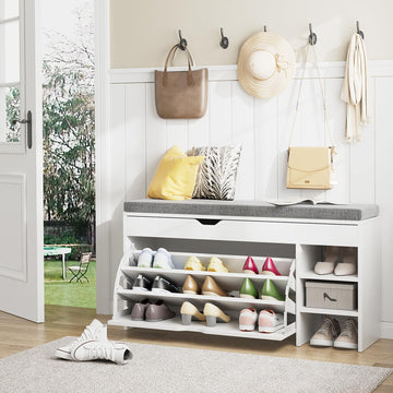 Shoe Storage Bench with 3-Tier Flip Drawer & Padded Cushion, Shoe Rack Bench with Flip-Open Storage Box, Shoe Storage