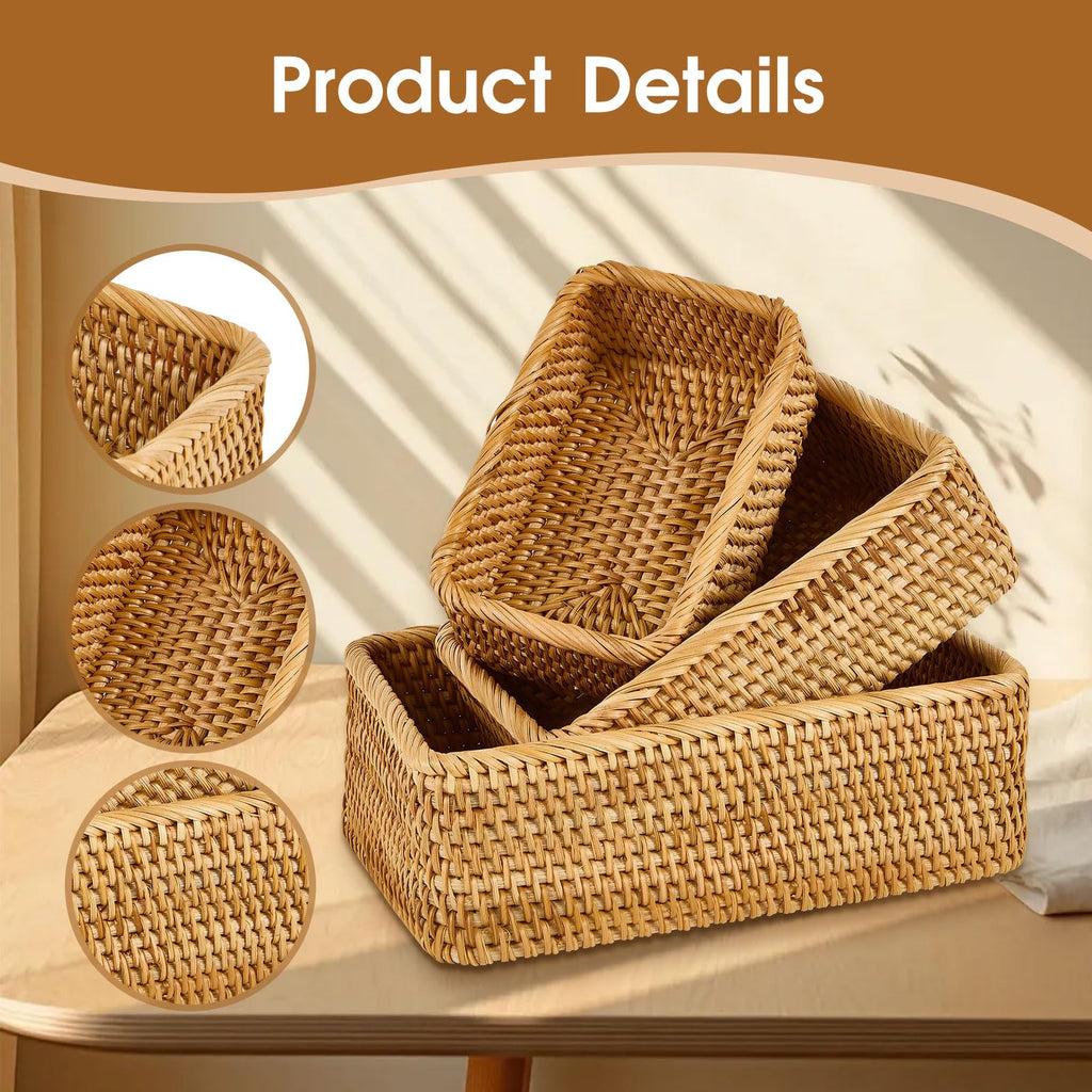 Natural Rectangular Rattan Storage Baskets (Set of 3), Hand Woven Food and Fruit Serving Baskets, Wicker Organizer