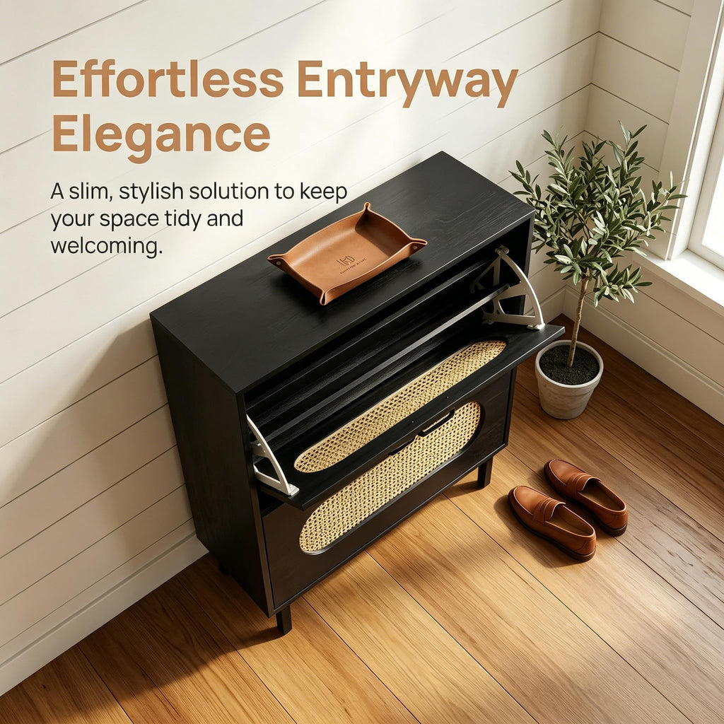 Shoe Storage Cabinet with 2 Flip Drawers, Freestanding Narrow Shoe Rack Organizer, Natural Semi-Circular Rattan