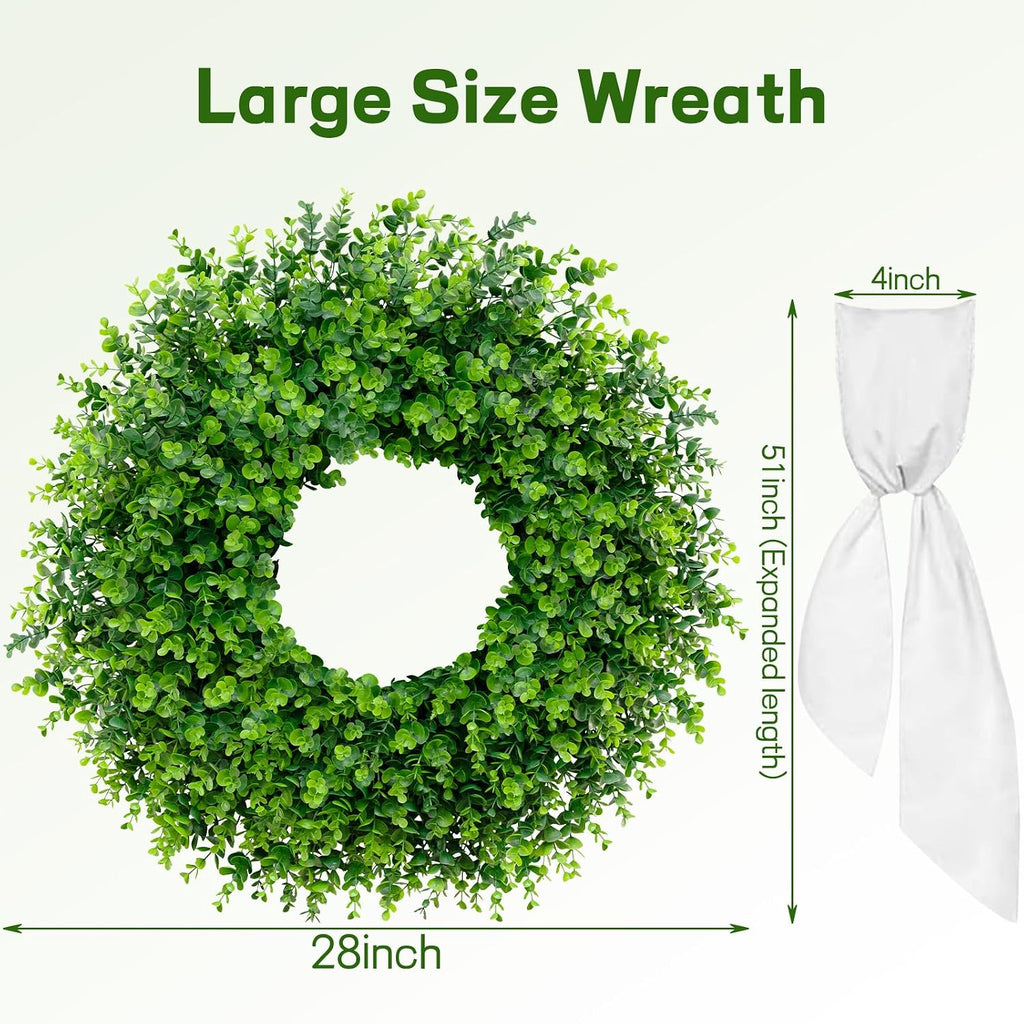 28'' Large Boxwood Wreaths Front Door Artificial Green Spring Wreath with Sash Wreaths for Front Door Farmhouse