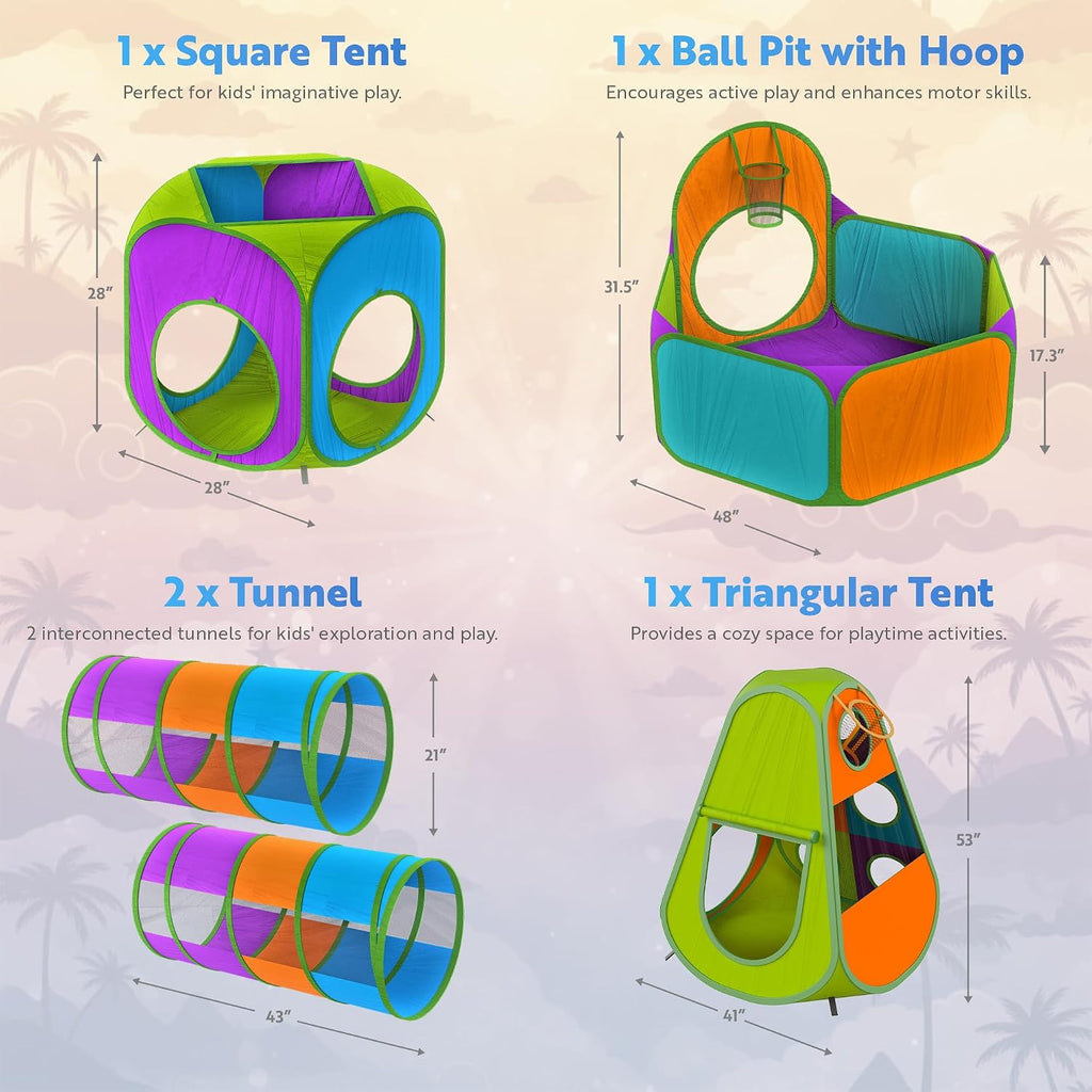 5pc Pop Up Play Tent and Crawl Through Tunnels for Kids w/Carry Bag