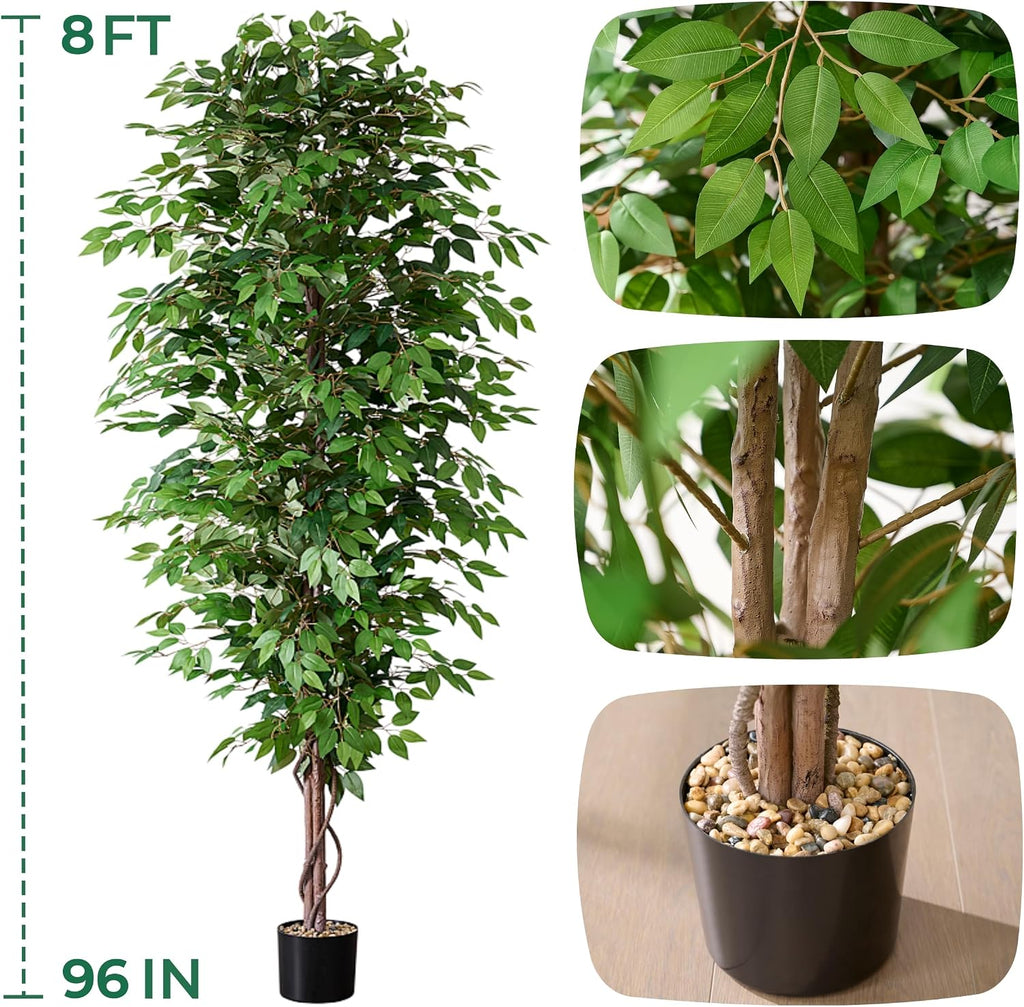 8FT Tall Artificial Ficus Tree, Potted Faux Banyan with Lush Leaves