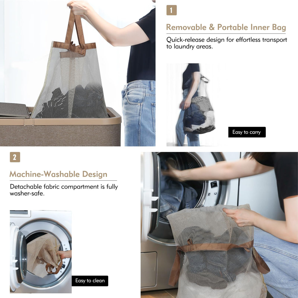 160L Double Laundry Basket Hamper with Lid & Removable Bags, Khaki