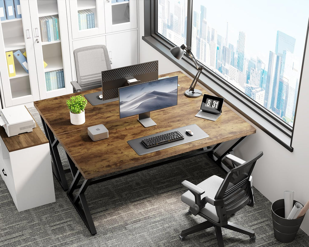 60 Inch Computer Office Desk Metal & Wood Writing Desks Rustic Brown