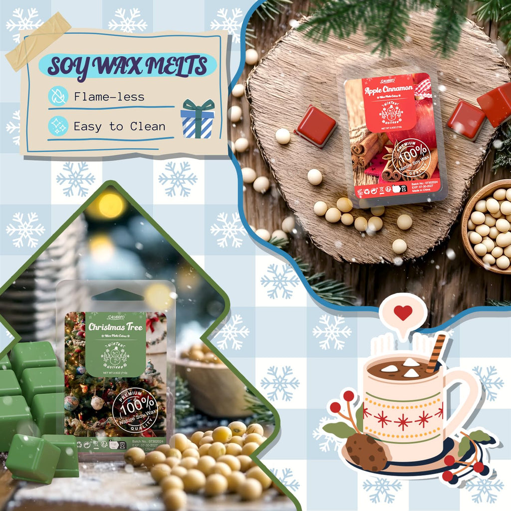 Winter Scented Wax Melts, Strong Scented Soy Wax Cubes/Tarts Variety Set - Christmas Tree, Gingerbread, Candy Cane