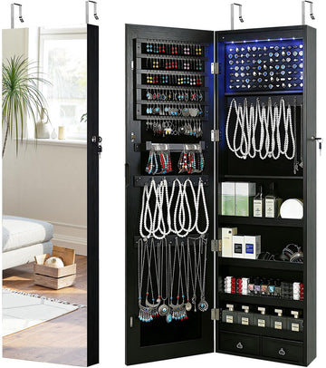 Full Length Mirror Jewelry Cabinet, 6 LEDs Jewelry Armoire Wall Mounted Over The Door Hanging, Jewelry Organizer