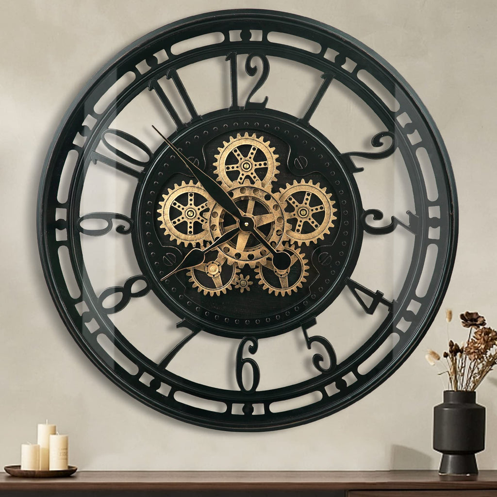 Moving Gears Wall Clock Large Modern Metal Clocks Decor, Industrial Steampunk Unique Vintage Rustic Decorative Clock