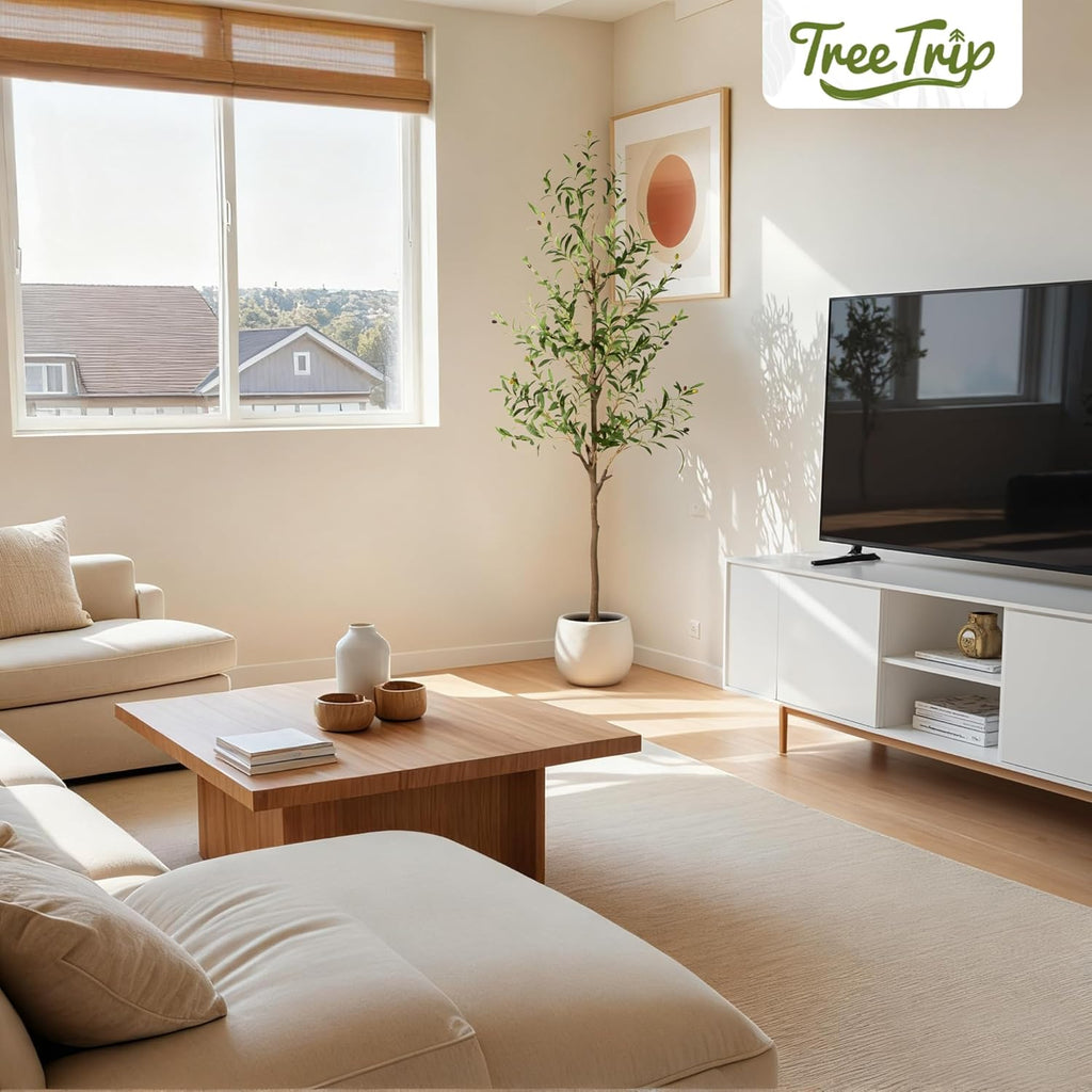 Olive Tree Artificial Indoor, 6 FT Faux Olive Trees with Planter, Fake Tall Plants with Natural Trunk and Lifelike