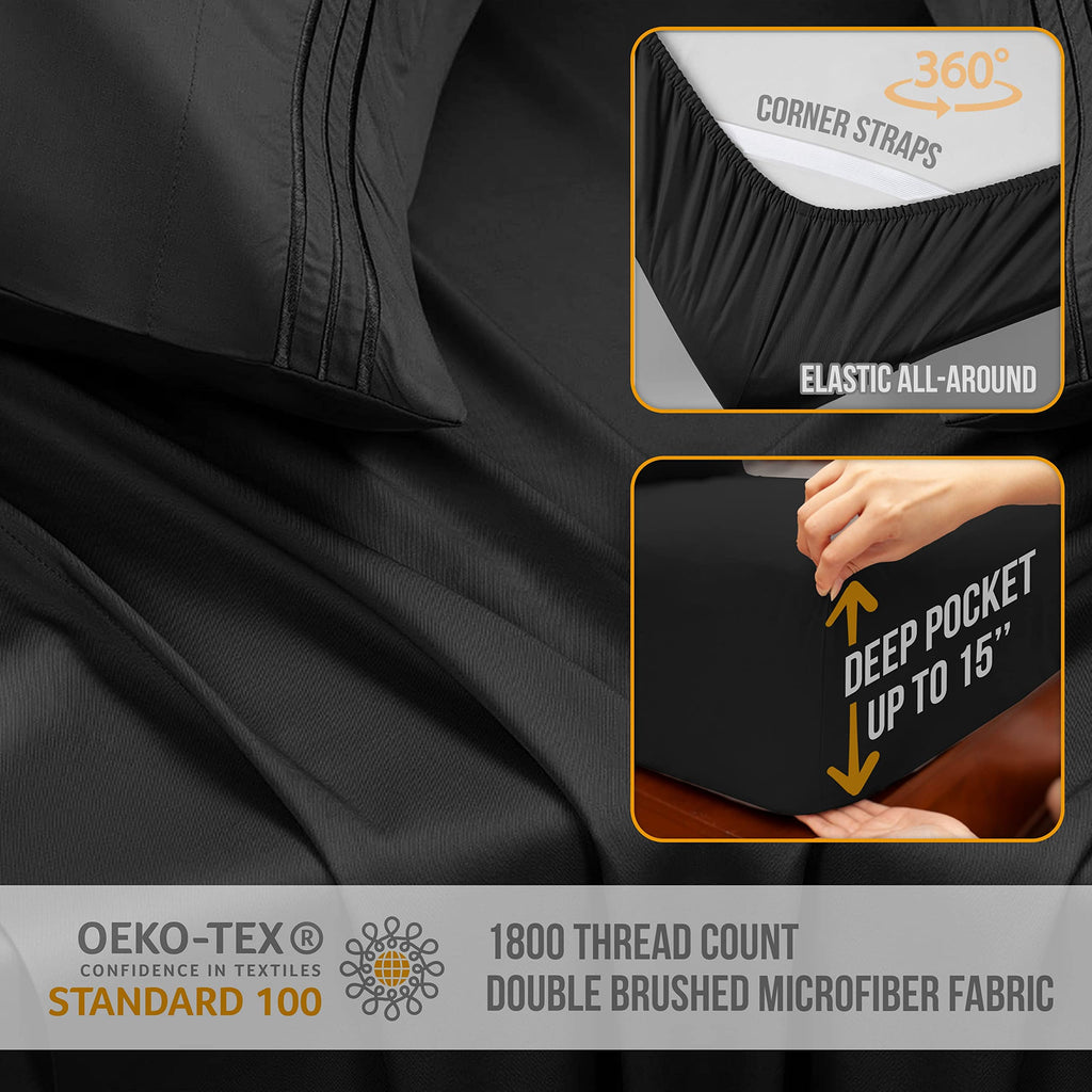 California King Sheets with Elastic Corner Straps - 4pcs Black