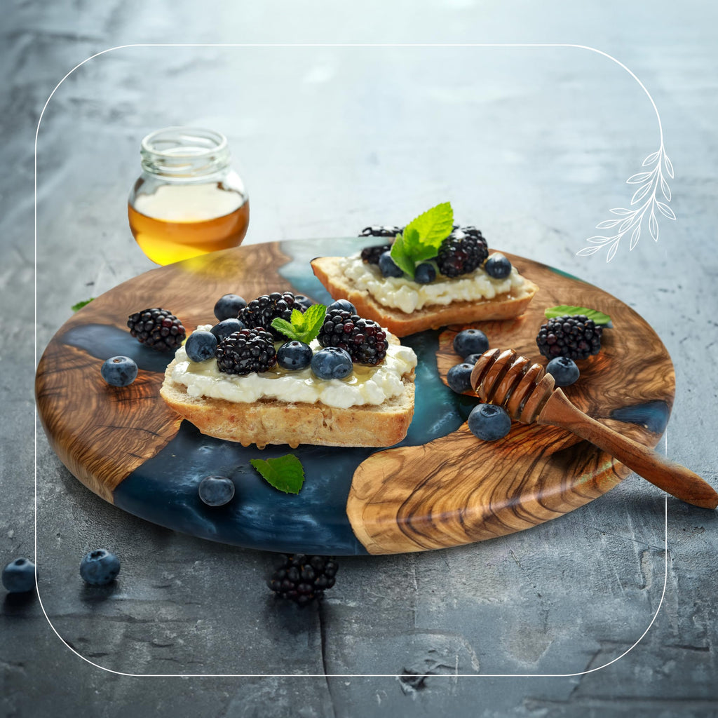 Handmade Olive Wood Round Resin Cheese & Charcuterie Board - Circular Decorative Epoxy Cutting Board with Unique Blue