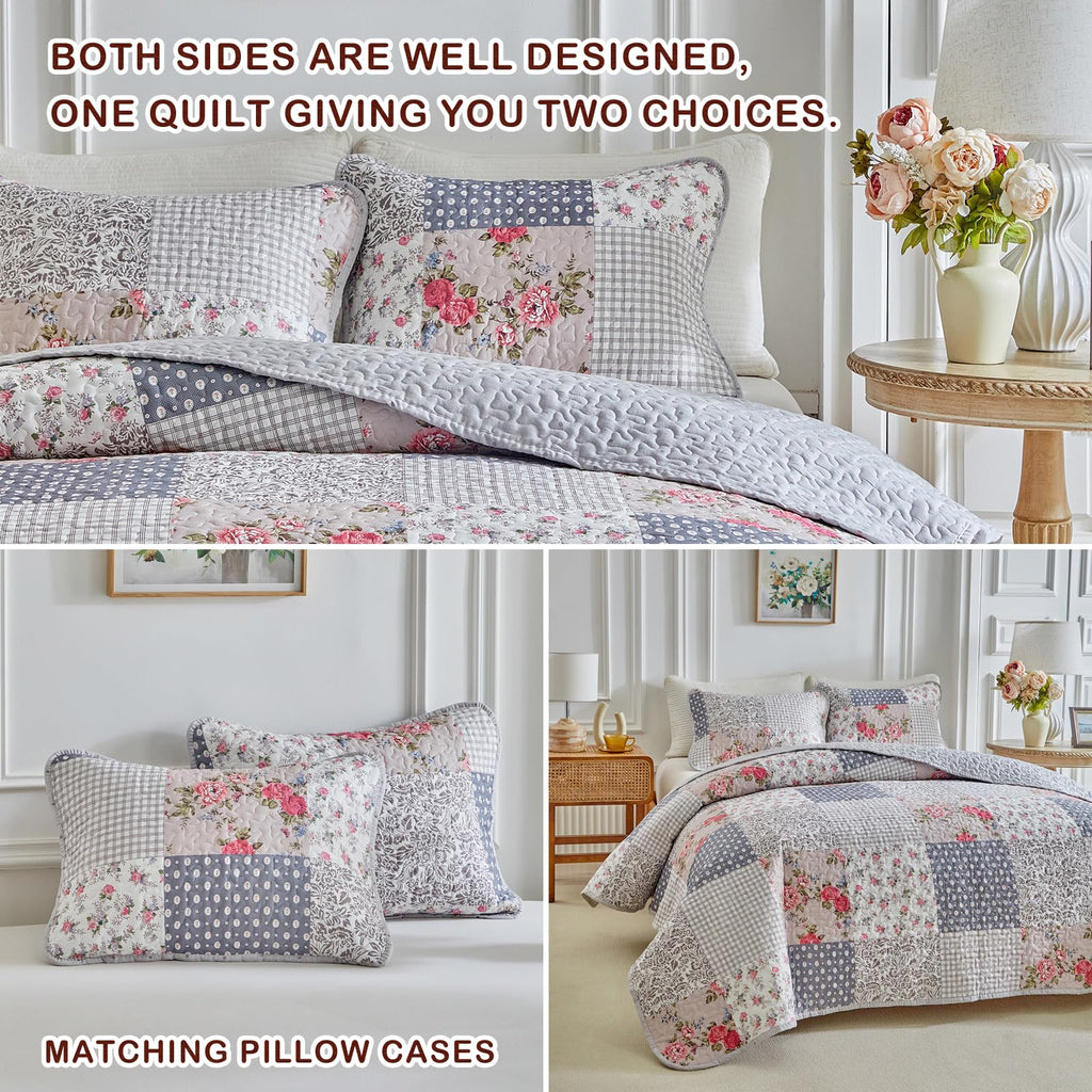 Floral Cotton Quilt Set, Neutral Flowers Grid Patchwork Design, 2 Pieces Quilt Bedding Set, Farmhouse