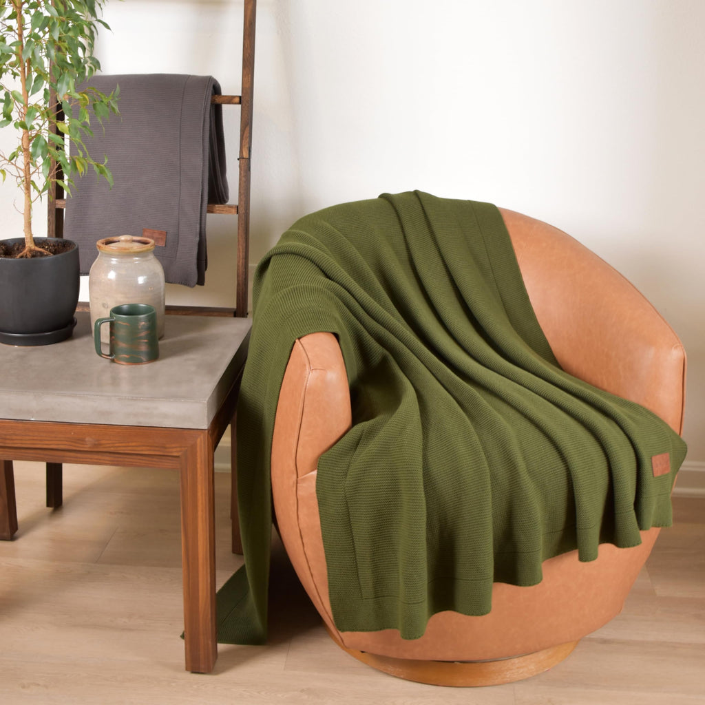Premium 100% Cotton Knit Throw Blanket for Couch, Soft & Breathable, Oeko-TEX Certified, 50 x 60 Inches, Olive Green