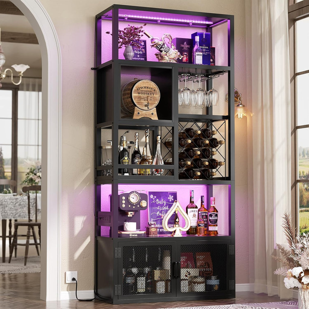 82.6" Tall Bar Cabinet with Power Outlets & LED Lights, Liquor Cabinet Bar , Reversible Coffee Station Wine Cabinet