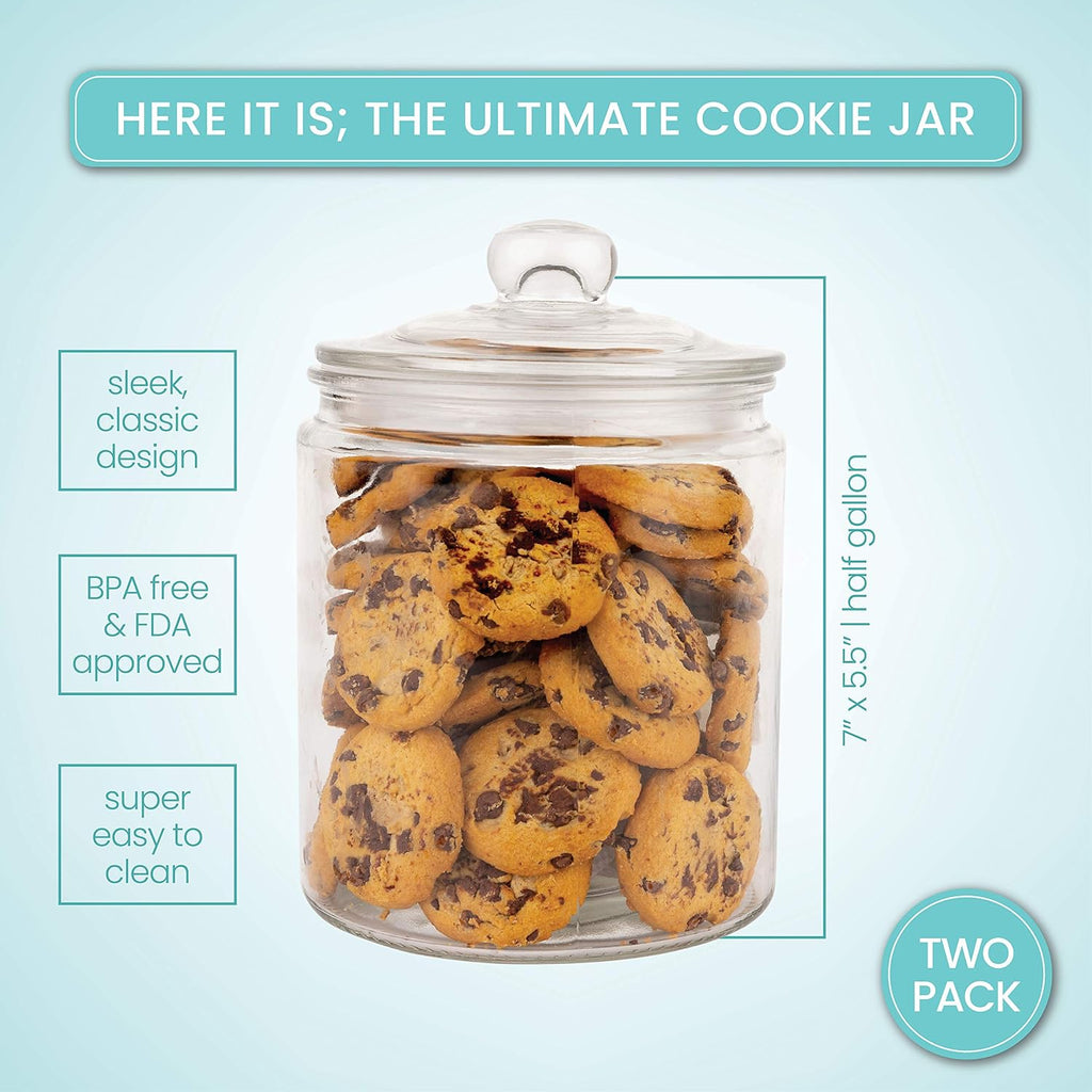 Glass Jar with Lid (2 Liter) | Airtight Glass Storage Cookie Jar for Flour, Pasta, Candy, Dog Treats, Snacks - Set of 2