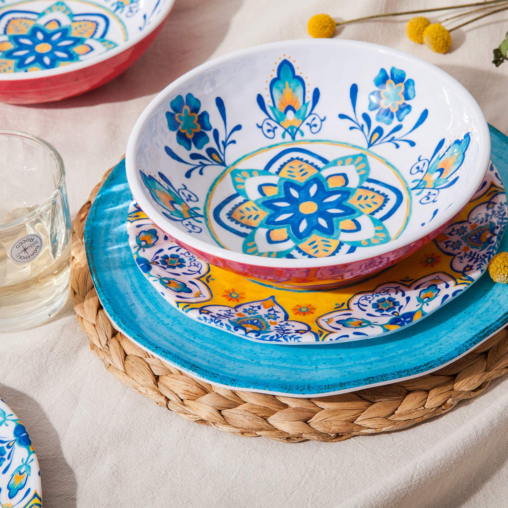 Melamine Dinnerware Set 12 Pcs Durable Dishware Colorful Plate Bowl Set Dishwasher Safe Shatter Proof Chip Resistant