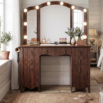 Vanity Desk with Mirror and Lights, Tri-Fold Fluted Makeup Vanity,Walnut | Power Outlet, Glass Top &,Wooden, Dressing