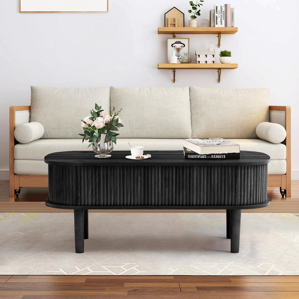 Fully Assembled Fluted Lift Top with Hidden Compartment, Wooden Center Table, Modern Oval Lift Tabletop Living Room