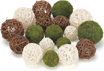 Decorative Balls for Centerpiece Bowl - Fake Moss Balls + Rattan Wicker Balls, Artificial Moss - Set of 18