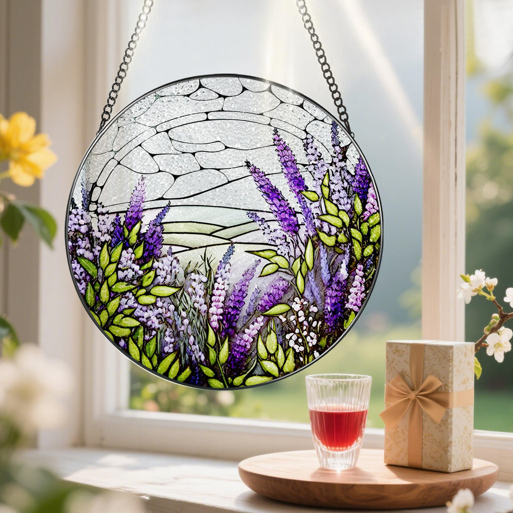 Lavender Flower Stained Glass Suncatcher, Stained Glass Window Hanging, 8 Inch Green Plants Suncatcher Decor for