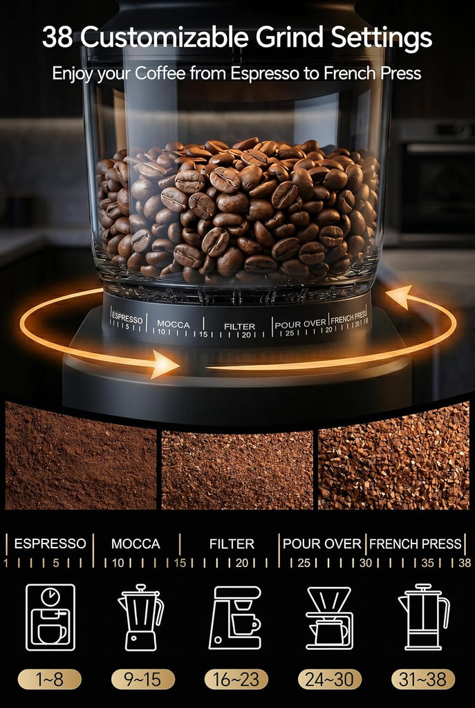 Conical Coffee Bean Grinder, 38 Precise Settings, Anti-Static | Conical Burr Coffee Grinder, Quiet Coffee Grinders