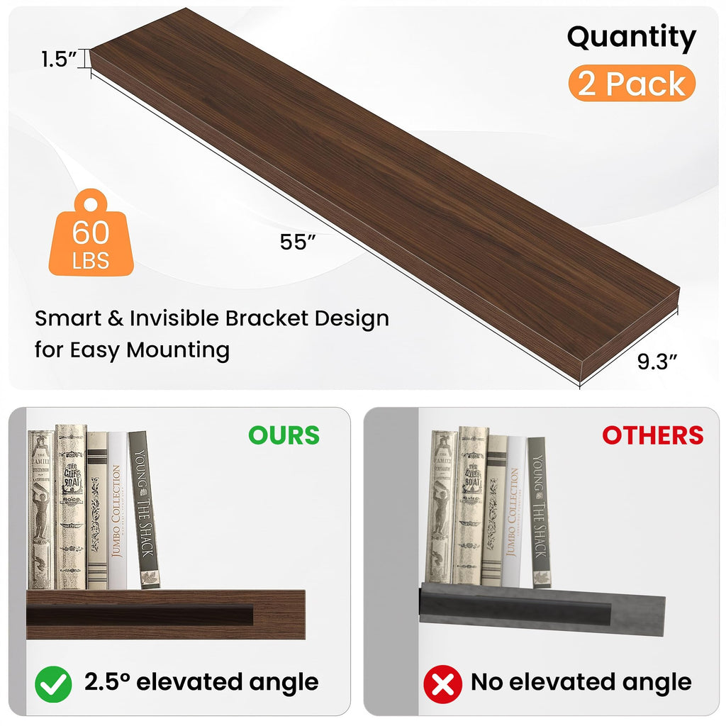 55 Inch Floating Shelves for Wall, 9.3"D Wood Gra, Set of 2
