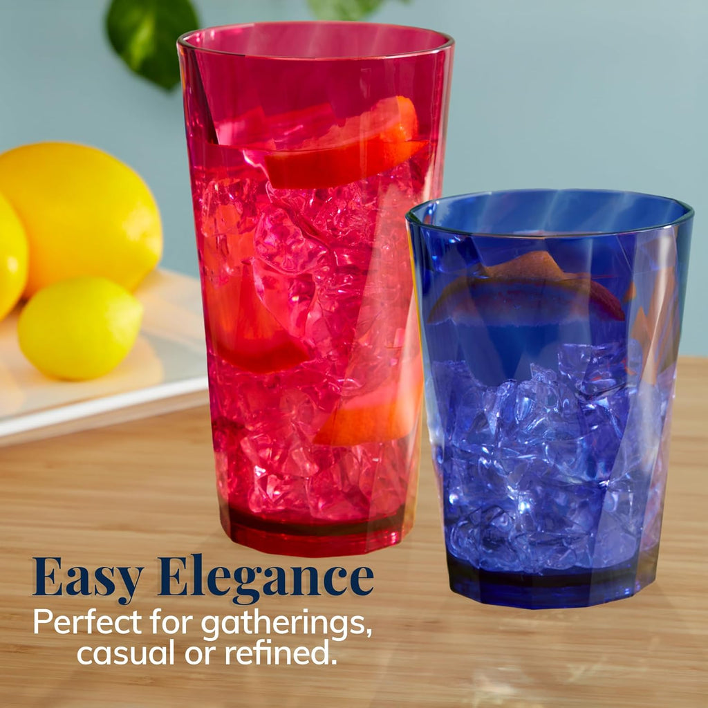 Optix Plastic Reusable Drinking Glasses (Set of 16) 14oz Rocks & 20oz Water Cups in Jewel Tone Colors | BPA-Free